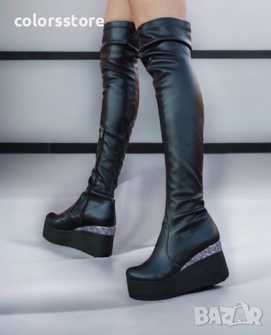 Ботуши на платформа - черна кожа и брокат - 122K