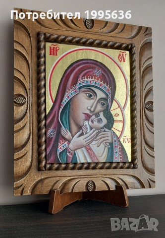 Дърворезбована рамка с иконопис Св.Богородица " Касперовска ", снимка 3 - Картини - 53260939
