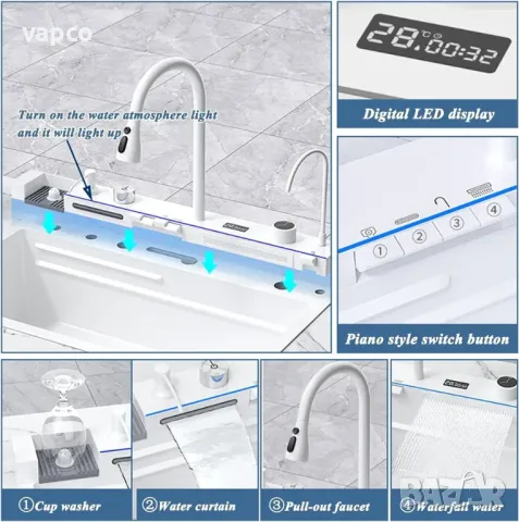 Модерна бяла мултифункционална кухненска мивка с двоен водопад, снимка 13 - Мивки - 47745954