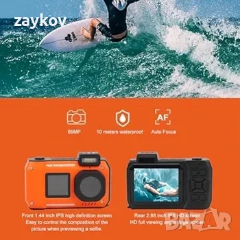 4K подводна камера, 65MP 33FT Водоустойчива цифрова камера Автофокус Двоен екран, снимка 2 - Камери - 49817043