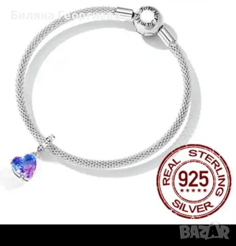 Сребърен талисман за гривна Пандора кристално сърце в лилаво, Модел 054, снимка 2 - Гривни - 43246486