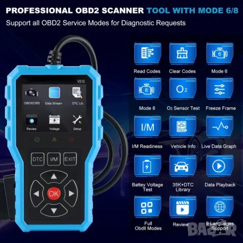 Full OBD2 EOBD автомобилен диагностичен кодочетец V510 , снимка 11 - Аксесоари и консумативи - 50038296