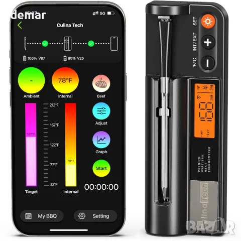 CulinaTech безжичен термометър за месо с LCD екран, цифров термометър за готвене, снимка 1