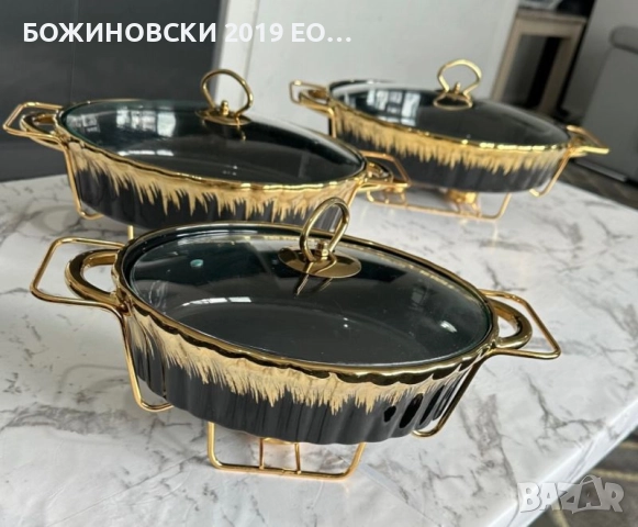 Порцеланов съд за топло сервиране в черно и златно със стъклен капак , снимка 2 - Съдове за готвене - 51913057