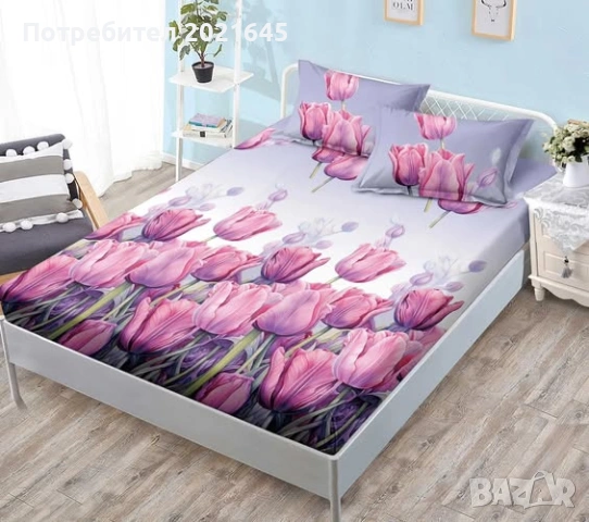 Чаршаф с ластик за голяма спалня и 2 калъфки, снимка 2 - Спално бельо - 53377159