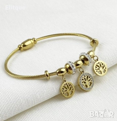 Дамска твърда гривна от медицинска стомана с висулки Дървото на живота и елементи с камъни цирконии, снимка 3 - Гривни - 52895159