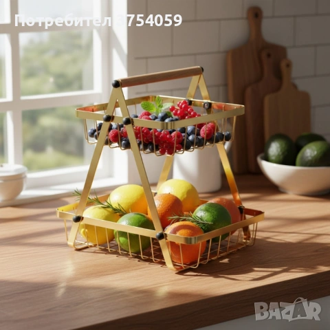 Двуетажна метална поставка за плодове Cheffinger – златист дизайн, компактна и стабилна, снимка 2 - Декорация за дома - 53174135
