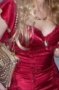 Червена супер официална сатенена  рокля с дантела и камъчета+сатенено наметало , снимка 1 - Рокли - 40040498