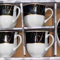 Комплект от 6 броя чаши и чинийки с мраморен ефект, снимка 1 - Чаши - 43425744
