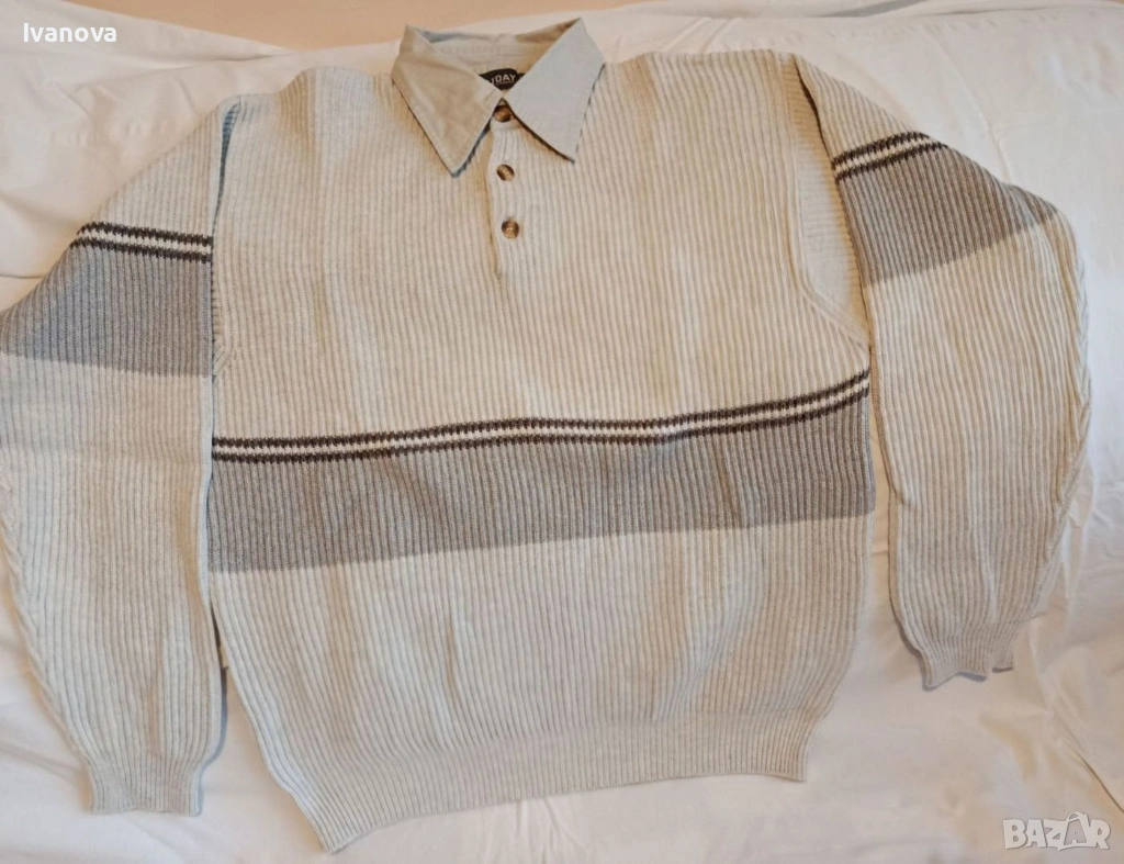Мъжки памучен плътен пуловер с яка и три копчета, снимка 1