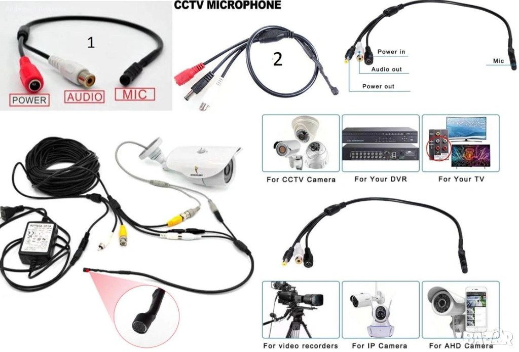 DC 12V Мини Микрофон за Видеонаблюдение Съвместим с Всички DVR Системи за Видеонаблюдение Микрофон, снимка 1