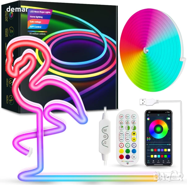 Неонова въжена светлина Daymeet, 5M RGBICW LED лента, дистанционно, IP67, USB, снимка 1