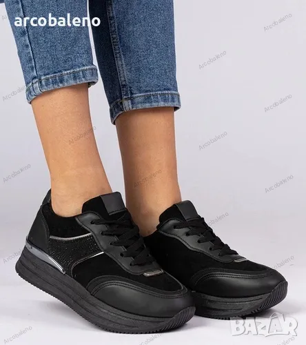 Черни дамски ниски кецове на платформа с циркони Julianna, снимка 1