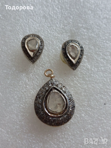 Сребро,злато-комплект обеци и медальон с огромни стари диамати, снимка 1