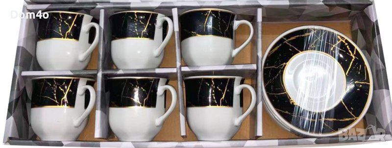Комплект от 6 броя чаши и чинийки с мраморен ефект, снимка 1