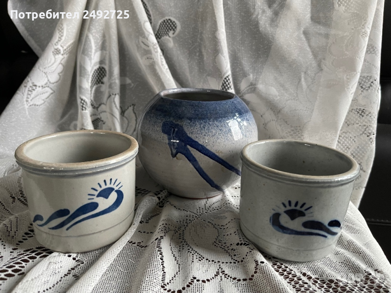 Саксия кашпа 3 бр синьо керамика Германия, снимка 1
