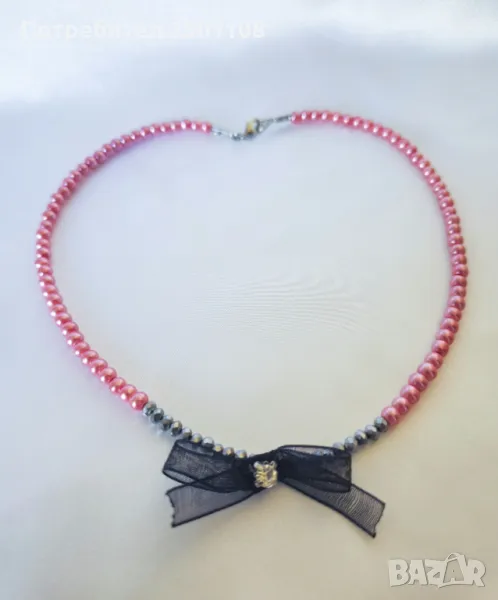 Елегантно перлено колие с панделка органза с камъче, снимка 1