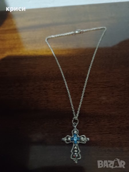 Сребърен Красив синджир с кръст с камъни , снимка 1