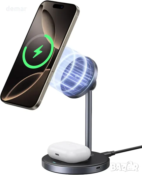 Зарядно устройство UGREEN MagFlow MagSafe, стойка за безжично зареждане Qi2 15W 2 в 1, снимка 1