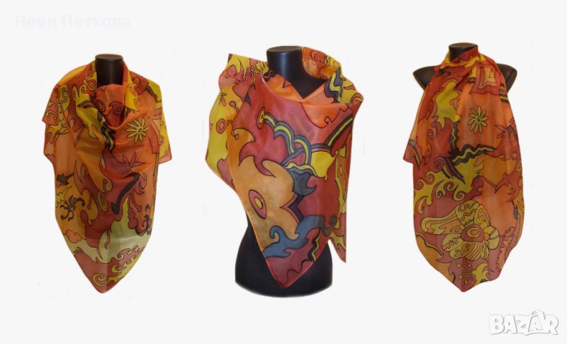 Рисуван копринен шал ВИТРАЖ, снимка 1