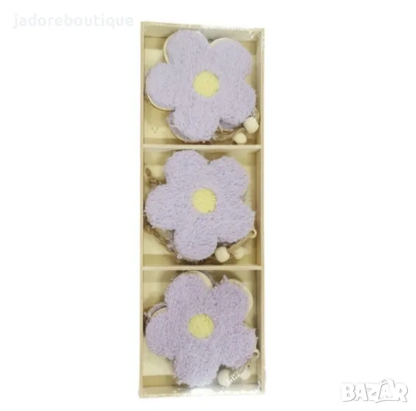 6 бр Дървени елементи висулки Цветя с покритие от плюшен плат, снимка 1