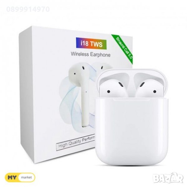 Безжични Bluetooth слушалки i18 TWS / In-ear - бели, снимка 1