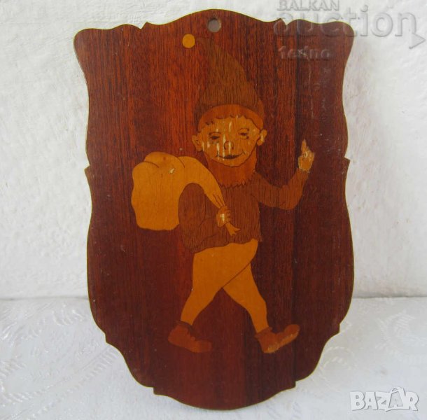 стара интарзия момче с чувал, дървена картина пано, снимка 1