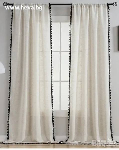 Комплект ленени завеси с контрастни пискюли , снимка 1