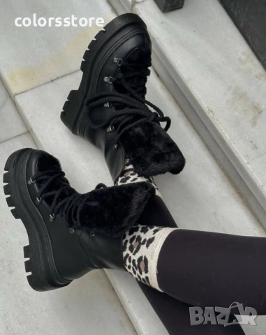 Боти на платформа - черна кожа с черен пух - BPUH1 