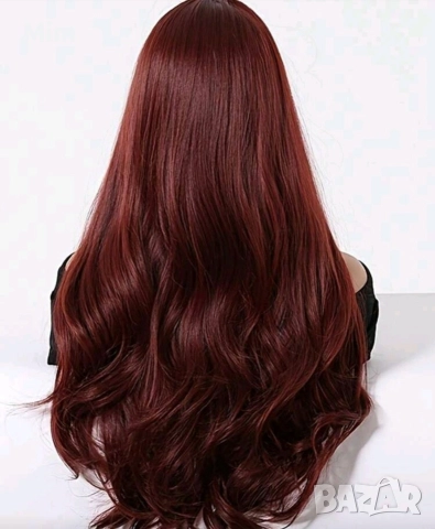 60 см Перука в червено бордо с бретон , снимка 2 - Аксесоари за коса - 52589287