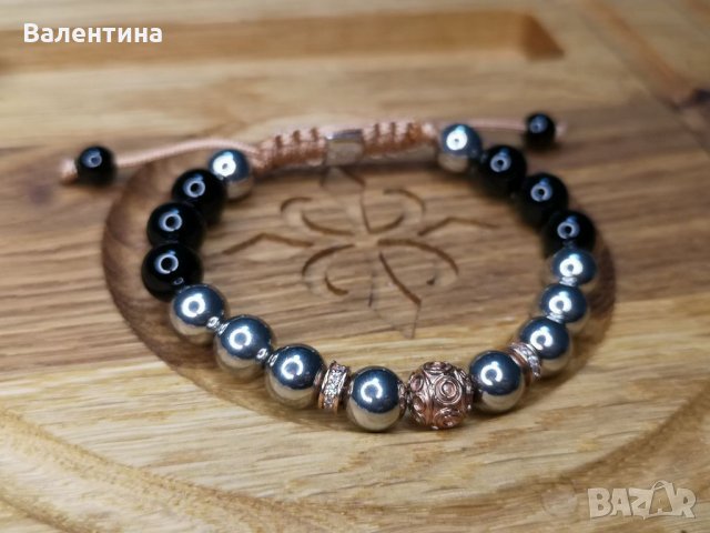 Дамска/мъжка хривна от естествени камъни оникс, хематит и сребърни мъниста с розово злато, снимка 1