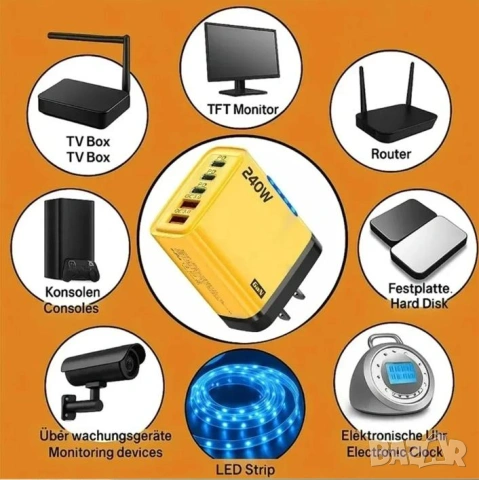 240W 2хUSB3.0QC USB Type-C 3xPD Петорно Универсално Зарядно за Смартфон Quick Charge 3.0 LED Light, снимка 8 - Друга електроника - 53519142