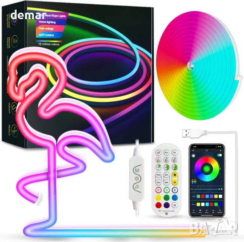 Неонова въжена светлина Daymeet, 5M RGBICW LED лента, дистанционно, IP67, USB