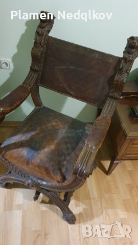 Масивен стар стол със орнаменти,глава и крака на лъв, снимка 6 - Столове - 39663658