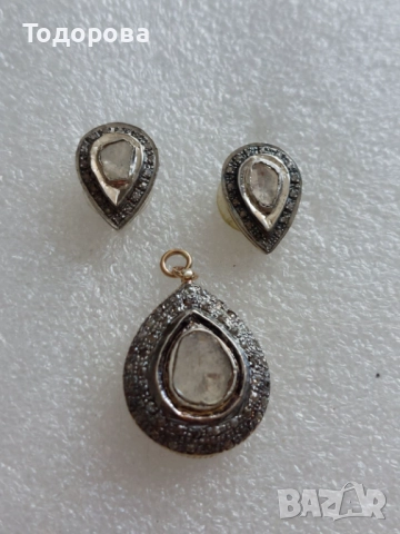 Сребро,злато-комплект обеци и медальон с огромни стари диамати