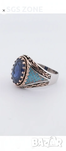 Сребърен мъжки пръстен от Тайланд със сапфири и опали, снимка 3 - Пръстени - 53073856