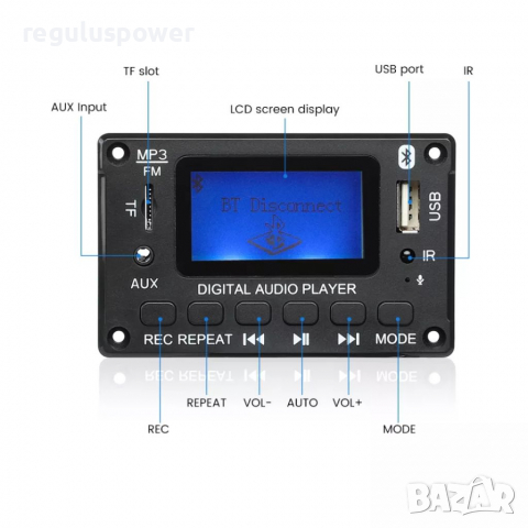 МП 3 плеър за вграждане AIYIMA 12V, DC 9V-12V, Bluetooth 5.0 + EDR, папки, TF card, Fm, Mic,AUX, LED, снимка 2 - MP3 и MP4 плеъри - 36546382