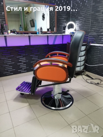 Бръснарски стол Apolo - черно и черно с оранжево, снимка 11 - Бръснарски столове - 44597798