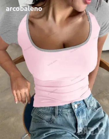 Дамска Y2K секси тениска с U-образно деколте с контрастен цвят и къс ръкав, 4цвята , снимка 9 - Тениски - 49269276