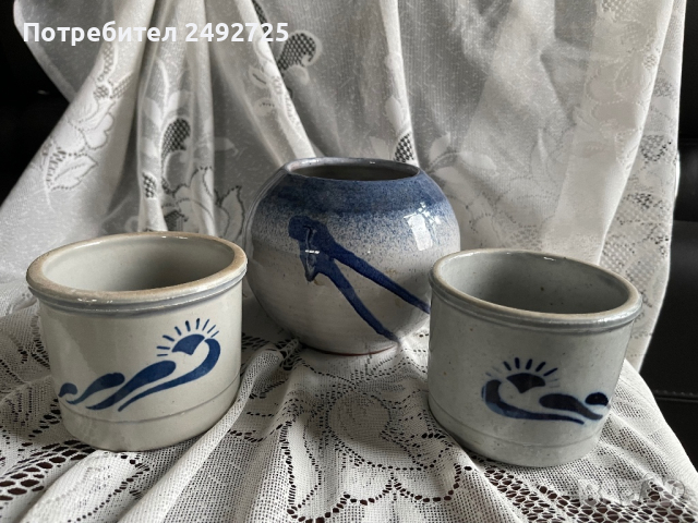 Саксия кашпа 3 бр синьо керамика Германия, снимка 1 - Саксии и кашпи - 44843510