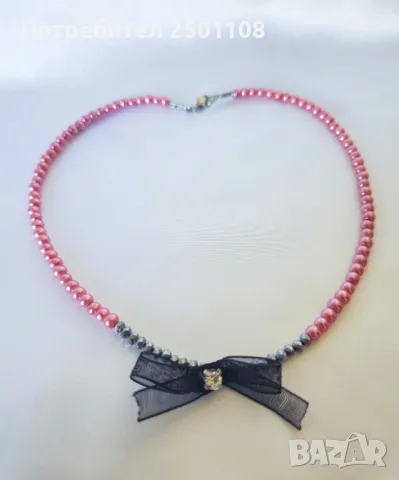 Елегантно перлено колие с панделка органза с камъче