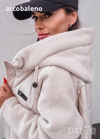 Дамско кремаво по-дълго яке, изработено  от комбиниран материал , снимка 7 - Якета - 52000456
