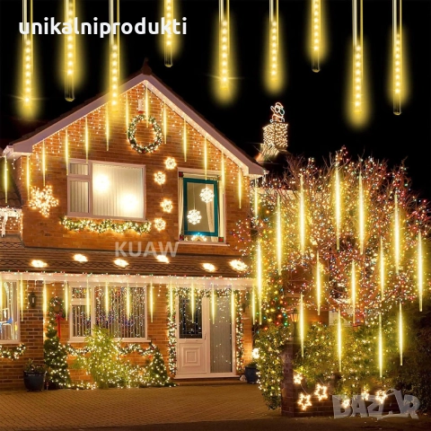 НОВО! Коледни лампички падащ сняг 3м х 80см 8бр. с топла изстрелваща светлина 