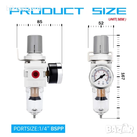 Регулатор на филтър за сгъстен въздух NANPU 1/4" BSPP, сепаратор за вода - манометър (0-10 бара) НОВ, снимка 5 - Други инструменти - 50729205