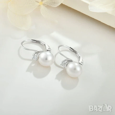 Изящни Сребърни Обеци проба 925 с Цирконий и Бяла Перла 10 мм, снимка 3 - Обеци - 51119999