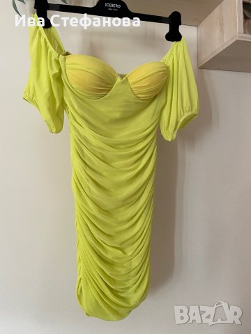 Паднал ръкав свежа зелена парти коктейлна официална рокля с паднали ръкави тип бюстие корсет 