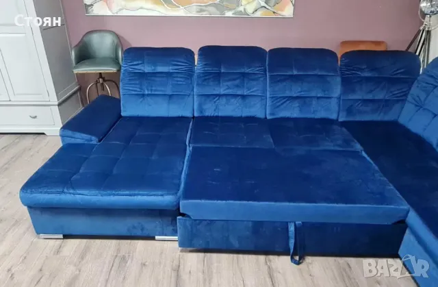 Син П образен ъглов диван от плат Nigrum с функция сън, снимка 11 - Дивани и мека мебел - 48632853
