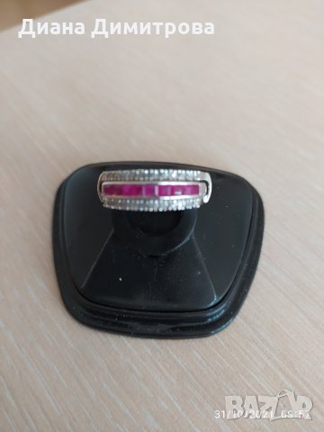 Сребърен дамски пръстен с диаманти и рубини, снимка 3 - Пръстени - 34639150