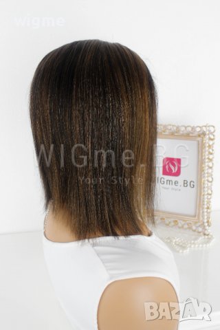 Черна перука от ЕСТЕСТВЕН косъм с кестеняви кичури Селена, снимка 6 - Аксесоари за коса - 37778345