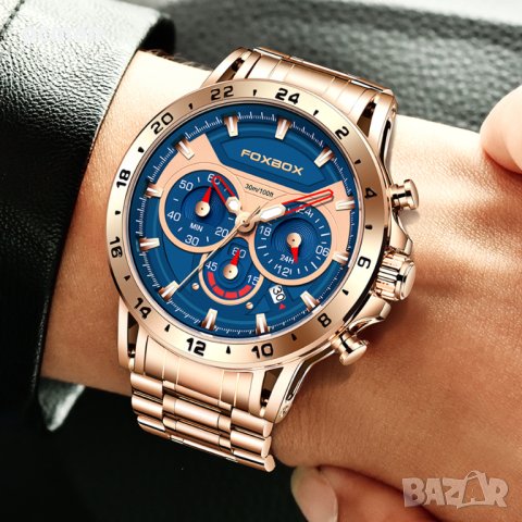 Foxbox Gold Blue 0017 Луксозен мъжки кварцов часовник с метална верижка, снимка 2 - Мъжки - 40433960